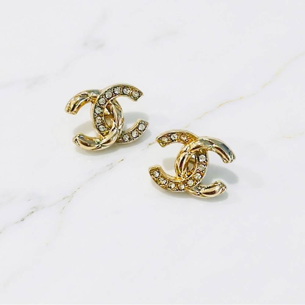 Luxury Gold Quilted/Rhinestone Upcycled Button Earrings 18mm